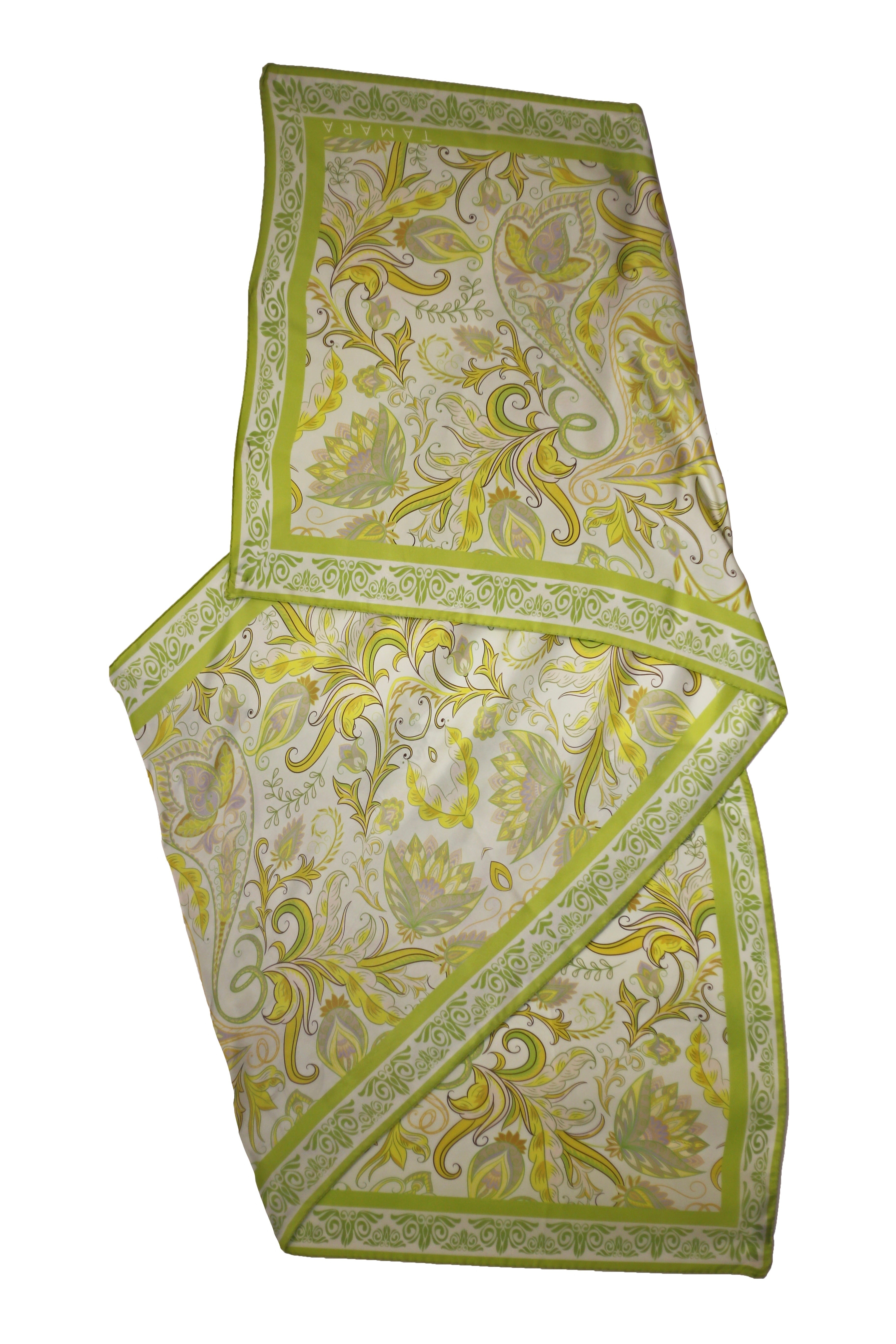 Folded green and beige rectangular silk scarf — elegant Italian silk twill accessory in 91" x 28" (230 x 70cm) size.