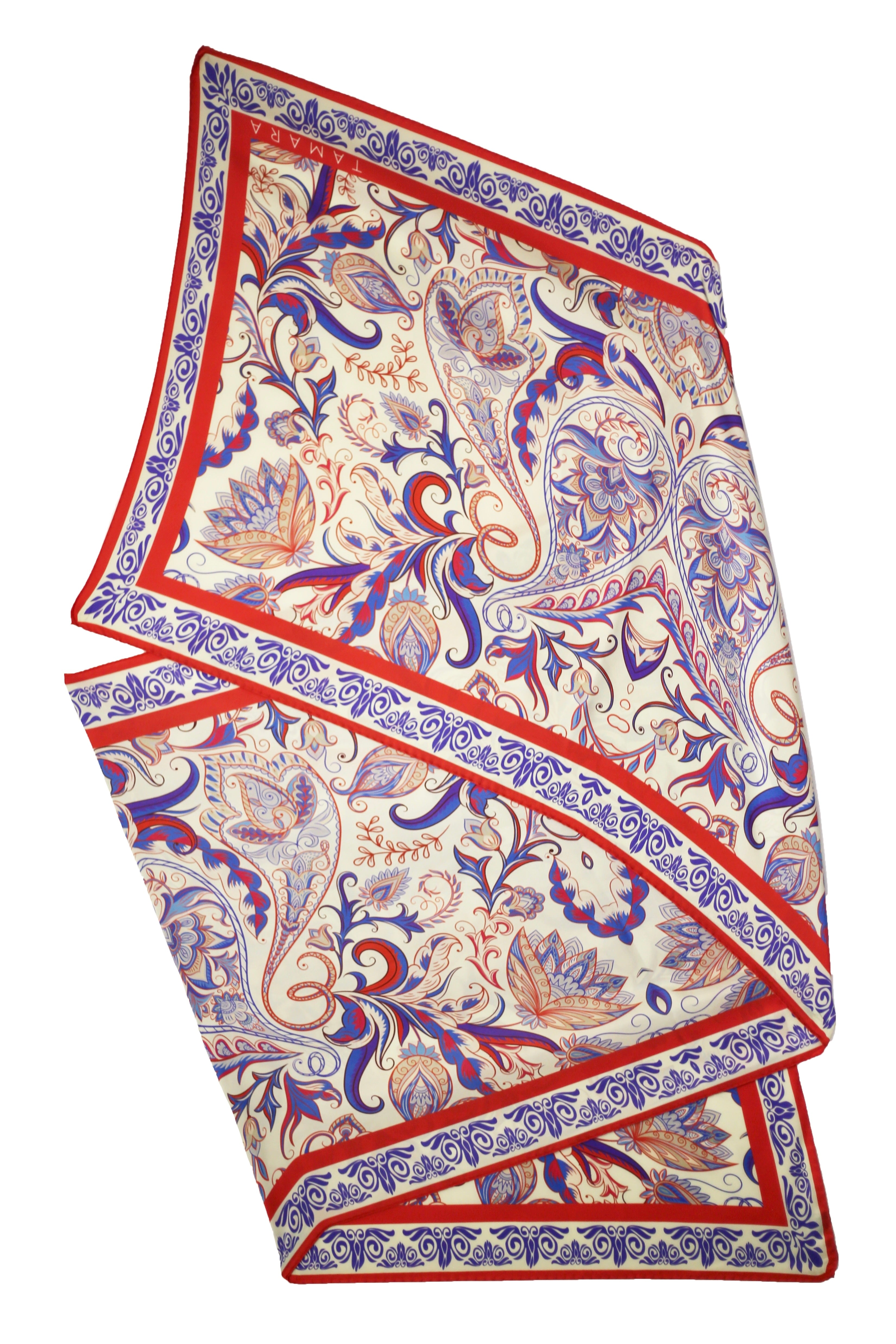 Folded red and blue rectangular silk scarf — elegant Italian silk twill accessory in 91" x 28" (230 x 70cm) size.
